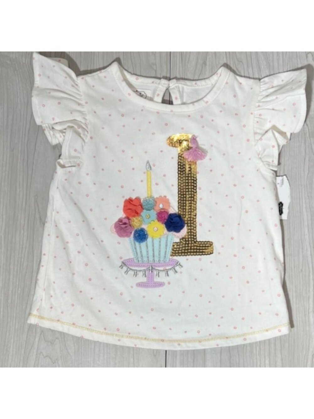 Mud Pie 12-18m NWT Birthday One 1st 1 bday shirt gold sequin flutter floral cake